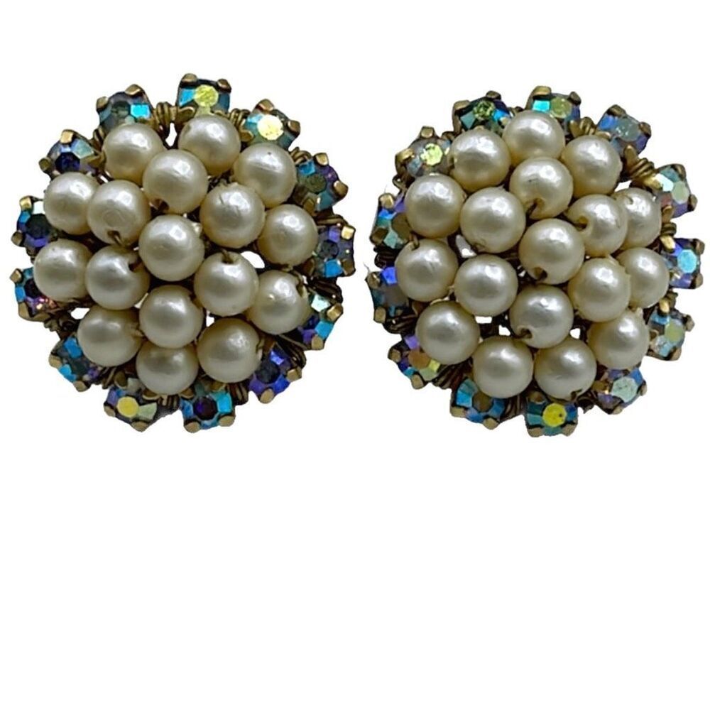 Vintage Pearl Cluster Earrings with Aurora Borealis Crystals